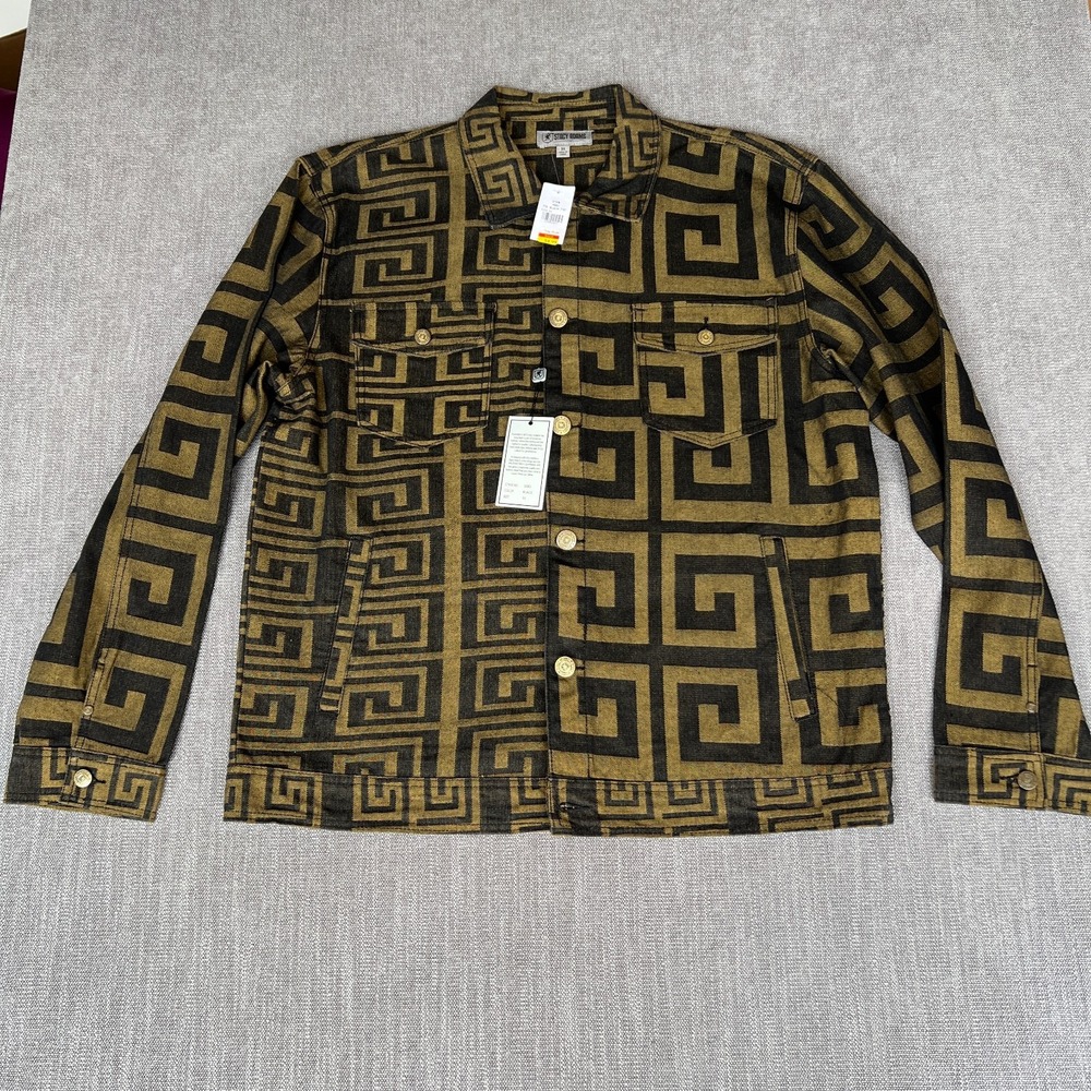 Stacy Adams Jacket Mens 3X Black Gold Greek Key Geometric Stretch Button Front